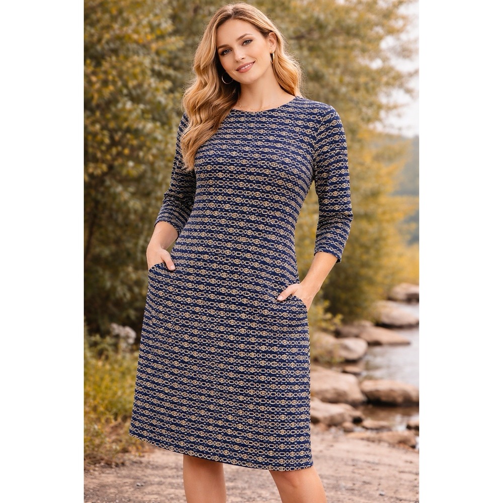 J McLaughlin Catalyst Dress Navy Gold Chain Print L Preppy Travel AB04
